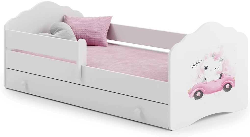 Cama infantil branca Wave gato 160x80 com gaveta - colchão e estrado incluído