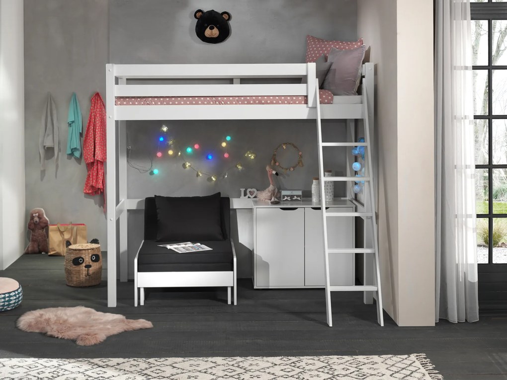 Cama alta de Criança PINO 90 x 200 cm + estrado + escada + armário com 2 portas + sofá-cama Branca