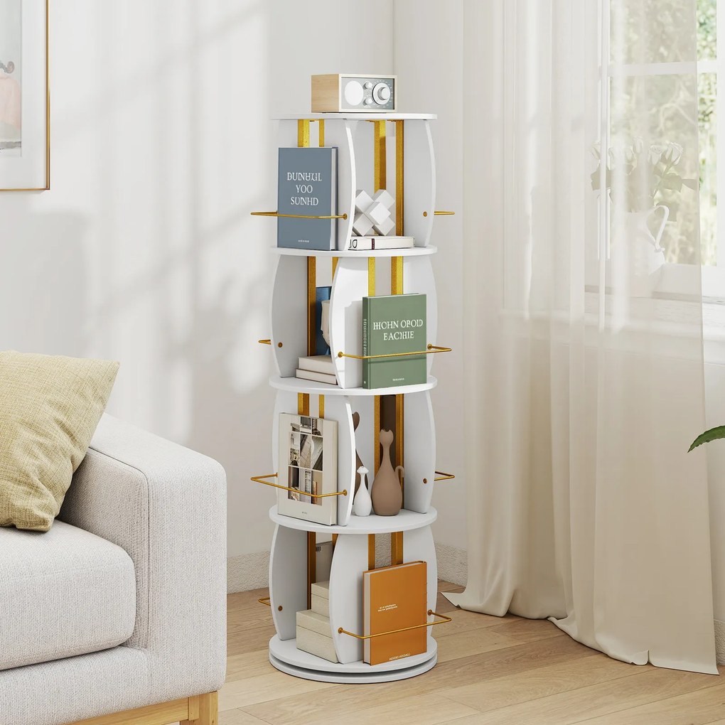 Estante Giratória para Livros de 4 Níveis, 40 x 40 x 128,5 cm, Rotação de 360°, Branco