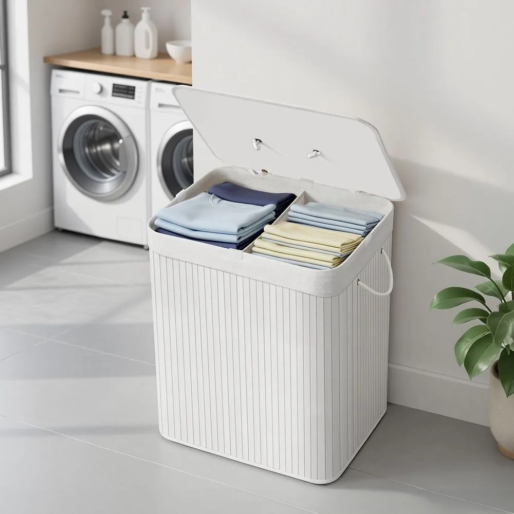 Cesto da roupa suja 120 L com 2 compartimentos 50 x 40 x 61 cm e saco removível, branco