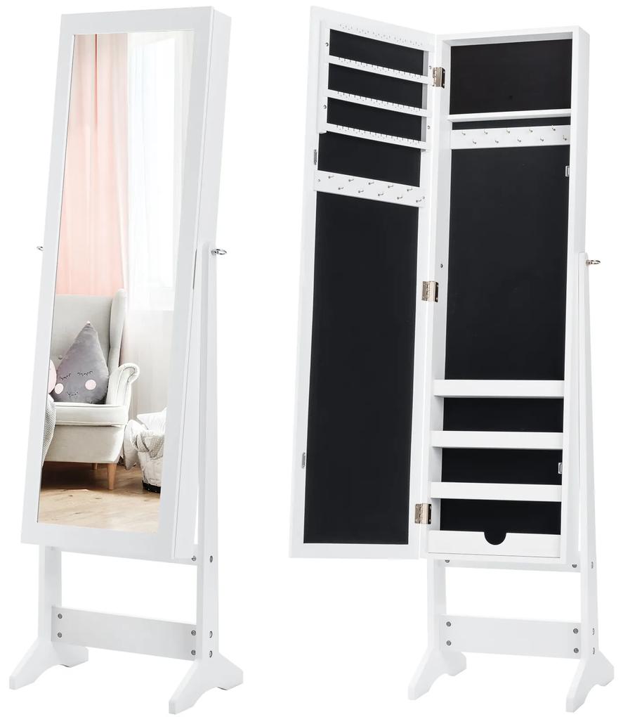 Espelho Guarda Joias com espelho de corpo inteiro e 3 ângulos ajustáveis Organizador de Joalharia 2 em 1 35 x 30 x 144 cm Branco