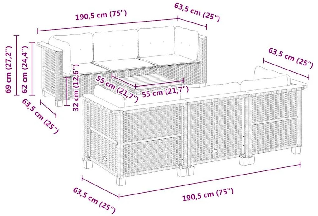7 pcs conjunto de sofás p/ jardim com almofadões vime PE bege