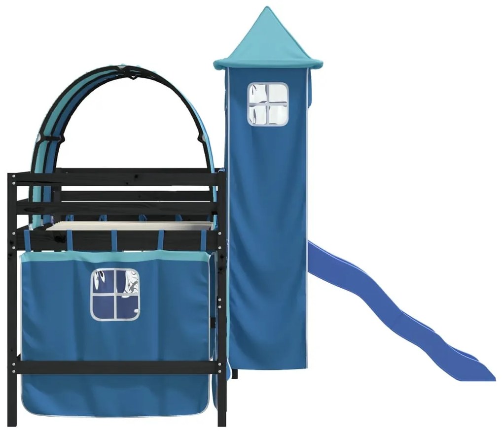 Cama alta para criança com torre 80x200 cm pinho maciço azul