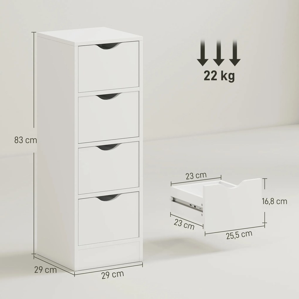 Móvel de casa de banho 29 x 29 x 83 cm, móvel de arrumação com 4 gavetas e puxadores embutidos, branco