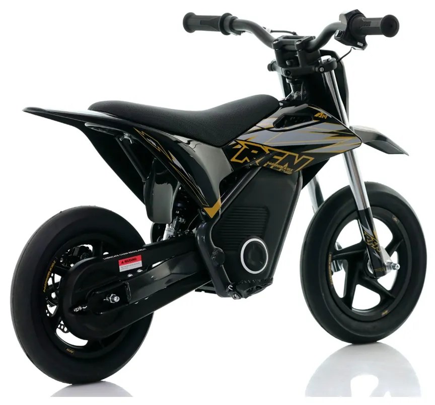 Mini moto eléctrica velocidade até 13 Km/h C/Limitador RFN Warrior Kids SX-E150 150W 12/12” Supermotard Preto e Dourada