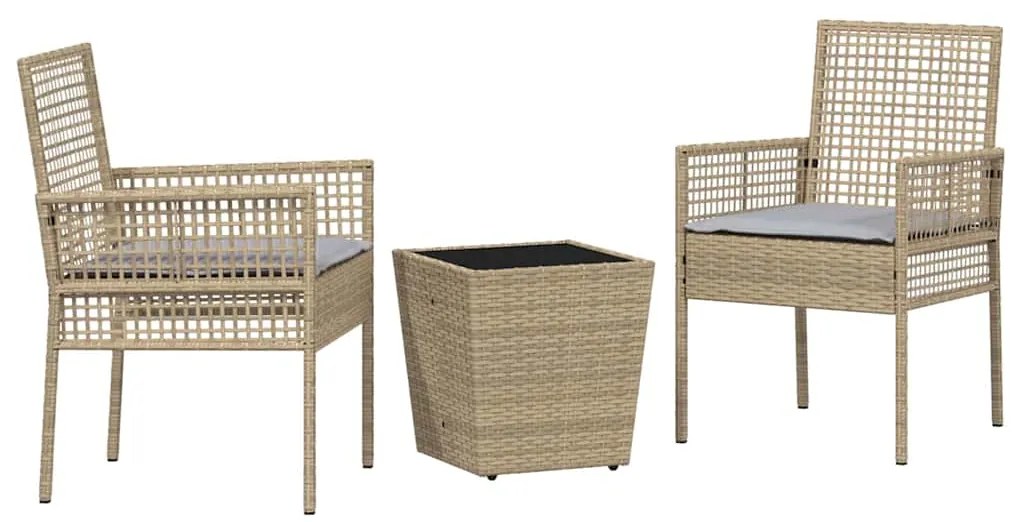 Conjunto de Bistro Jardim 3 Peças com Almofadas Bege em Polyrattan