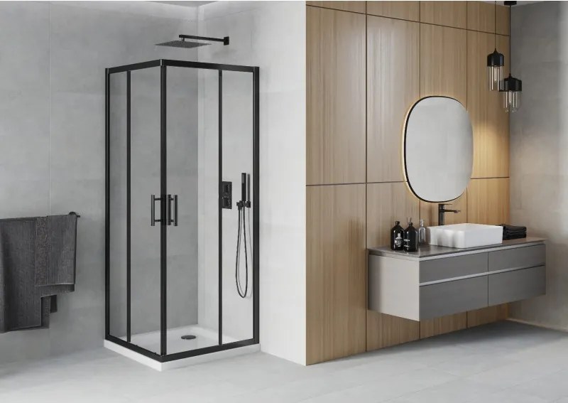 Mexen Rio cabine de duche quadrada 70 x 70 cm, transparente, preta + base Flat, branca - 860-070-070-70-00-4010B