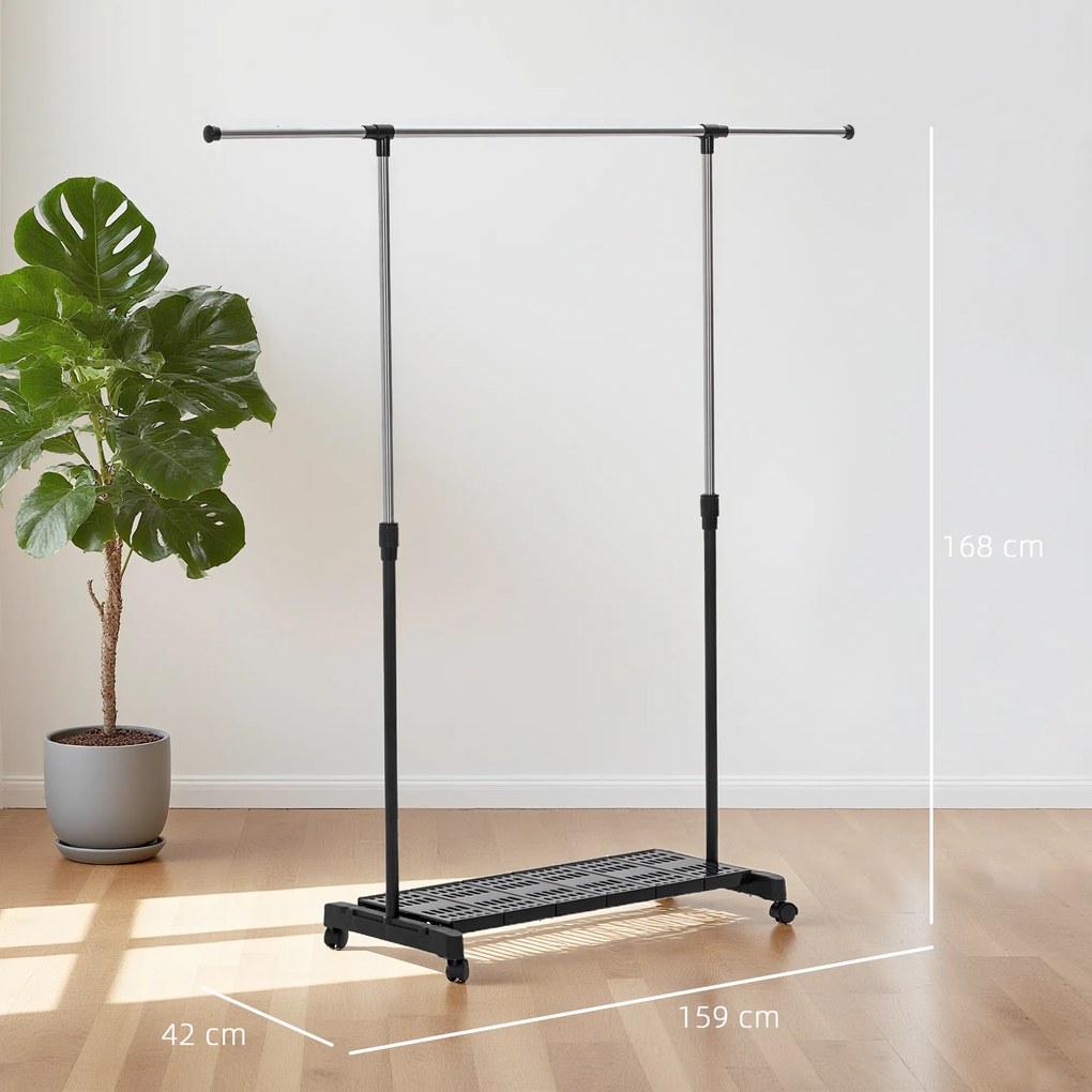 Guarda Roupa com Rodas com Barra de Aço Inoxidável e Prateleira para Sapatos Altura Ajustável 94-159x42x93-168 cm Preto