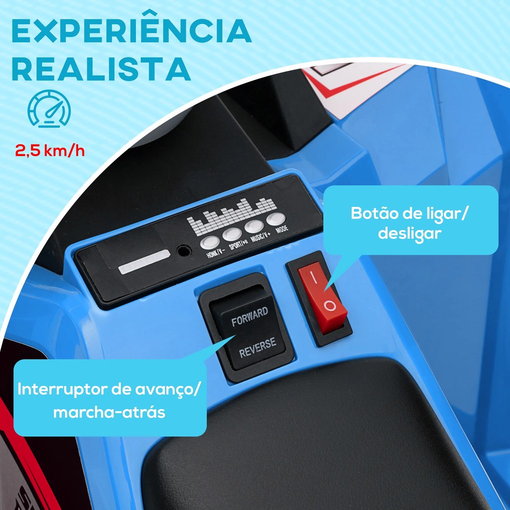 Moto 4 Elétrico para Crianças Veículo Elétrico a Bateria de 6V com Velocidade de 2,5 km/h 70x41,5x48,5 cm Azul