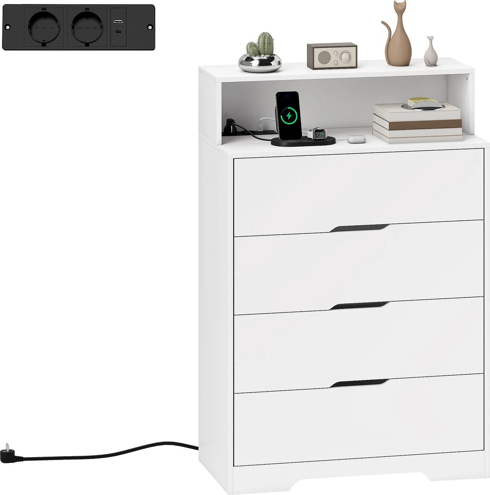 Cómoda com 4 Gavetas 80x40x120 cm e Estação de Carregamento com Porta USB Porta USB-C Prateleira Aberta 80x40x120 cm Branco
