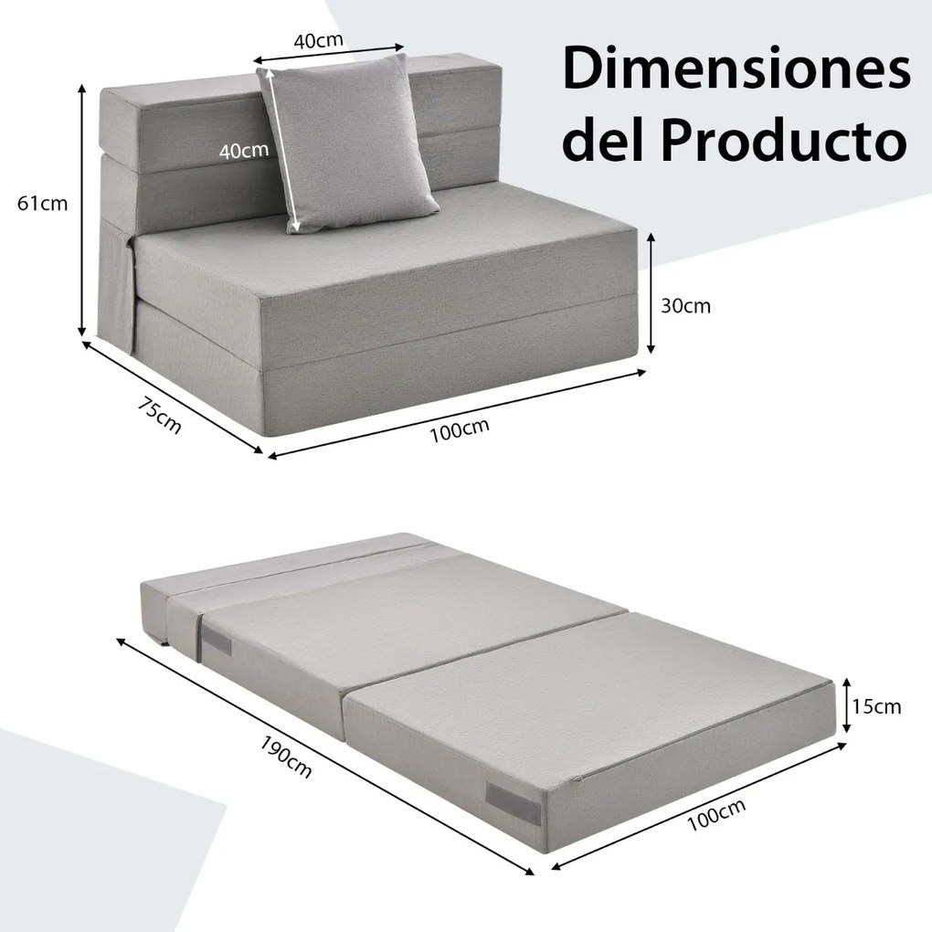 Sofá-cama de 3 seções com colchão dobrável de espuma de alta densidade com travesseiro capa lavável com fecho Cinzento