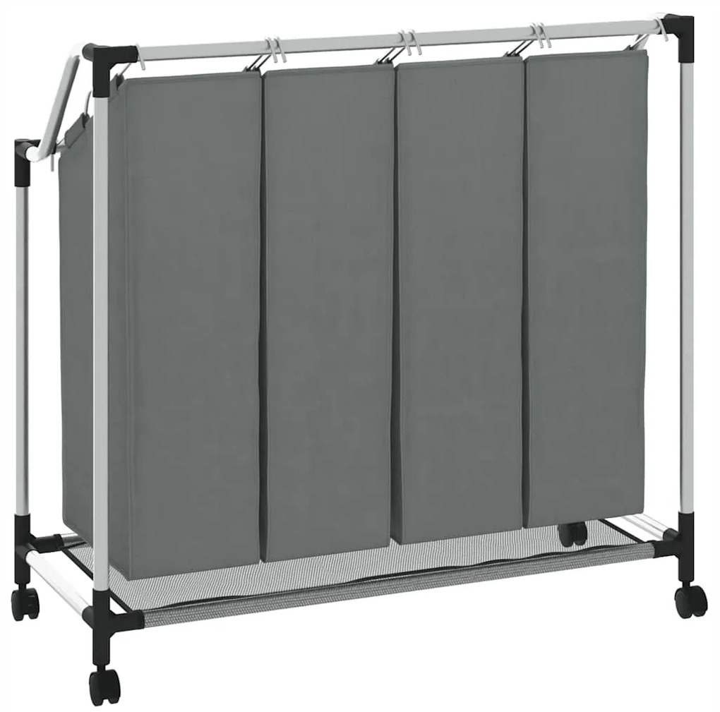 Cesto para roupa suja com rodas 4 compartimentos cinzento