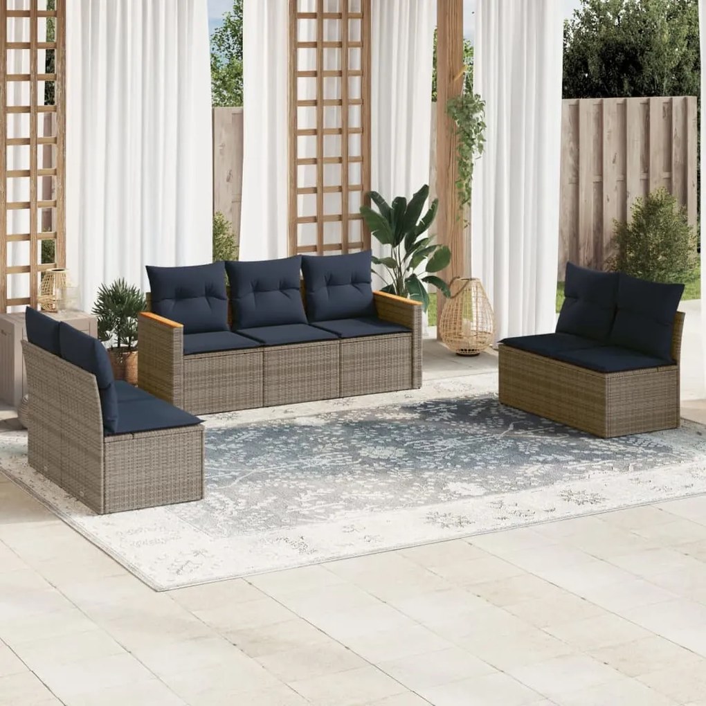 vidaXL 7 pcs conjunto sofás p/ jardim c/ almofadões vime PE cinzento