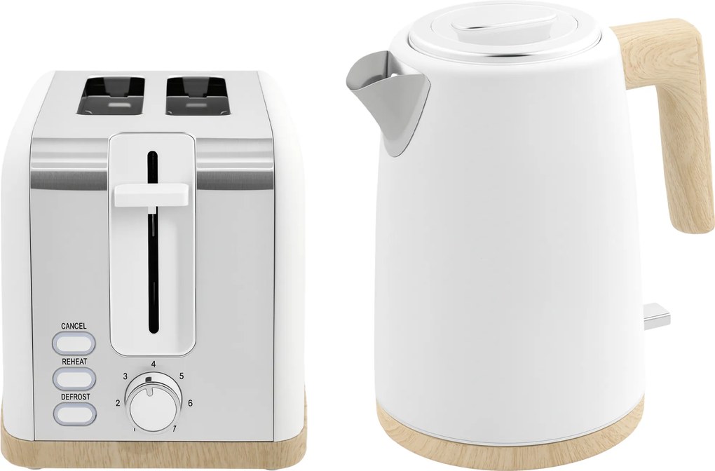 Conjunto de chaleira e torradeira, 1,7 L, 2200 W, torradeira para 2 fatias com 7 níveis de torragem, branco