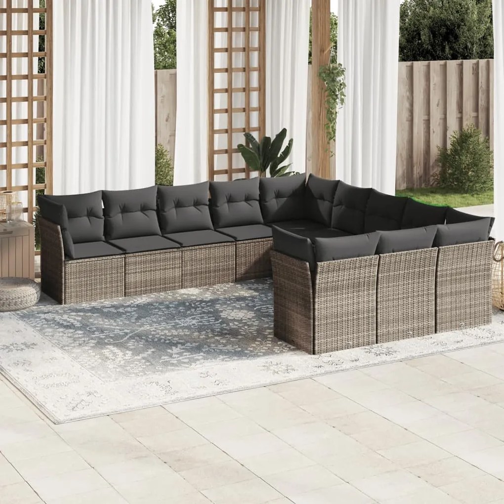 11 pcs conjunto sofás de jardim c/ almofadões vime PE cinzento