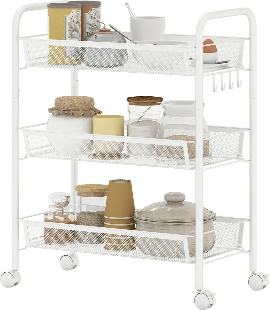 Carrinho de 3 níveis com cestos de cozinha com Rodas  45 x 26,5 x 63 cm, carrinho de arrumação com Rodas,, branco