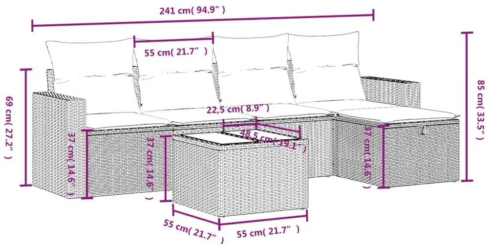 6 pcs conjunto sofás de jardim c/ almofadões vime PE preto