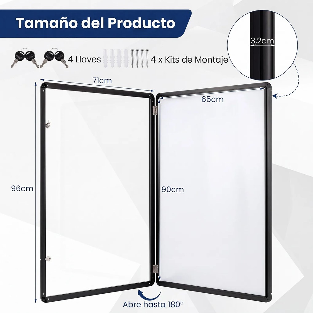 Quadro de Avisos com Porta, 96 x 71 x 3,2 cm, Quadro Branco Magnético, Preto+Branco