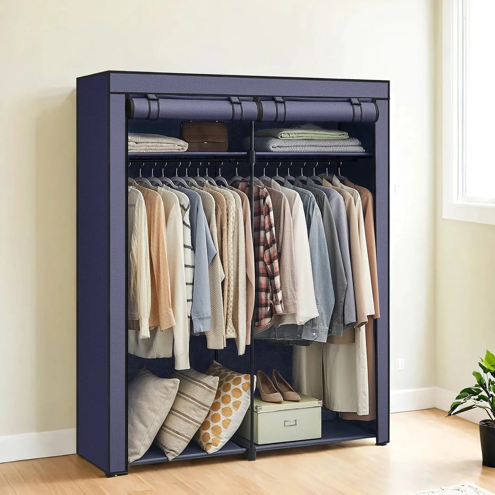 Guarda-roupa em tecido com 2 varões para cabides, 140 x 43 x 174 cm Azul escuro