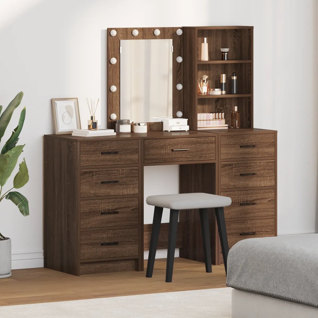 Conjunto de Mesa de Maquiagem de 3 Peças com LED em Madeira de Carvalho Preto