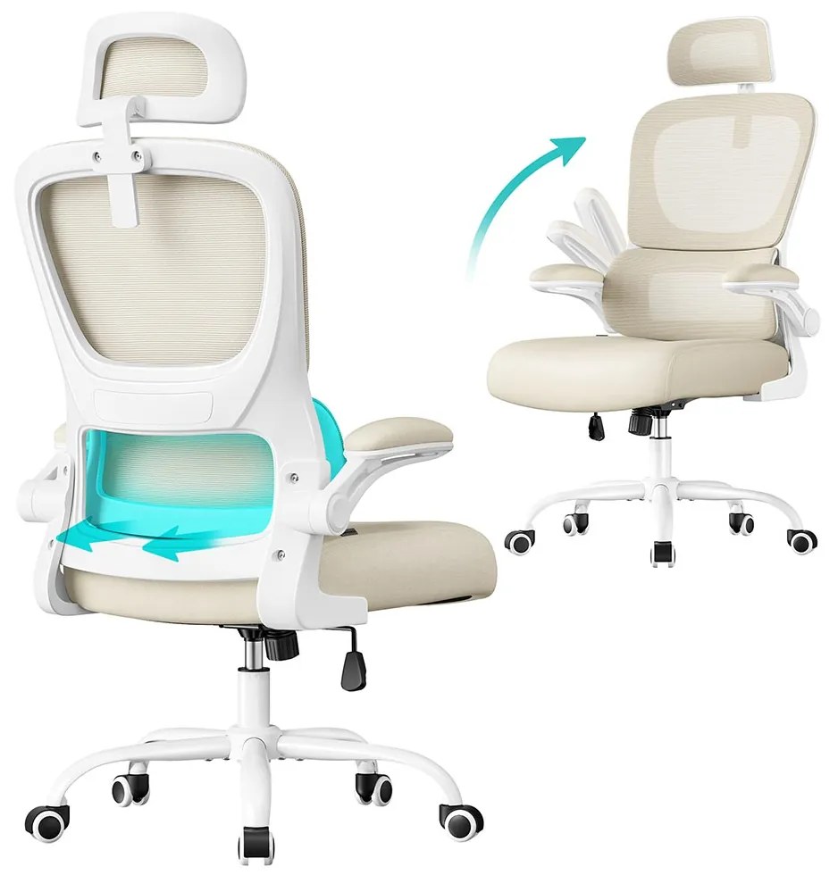 Cadeira ergonómica para escritório com tecido em rede e apoios de braços rebatíveis 64 x 71,5 x 116-135 cm Bege