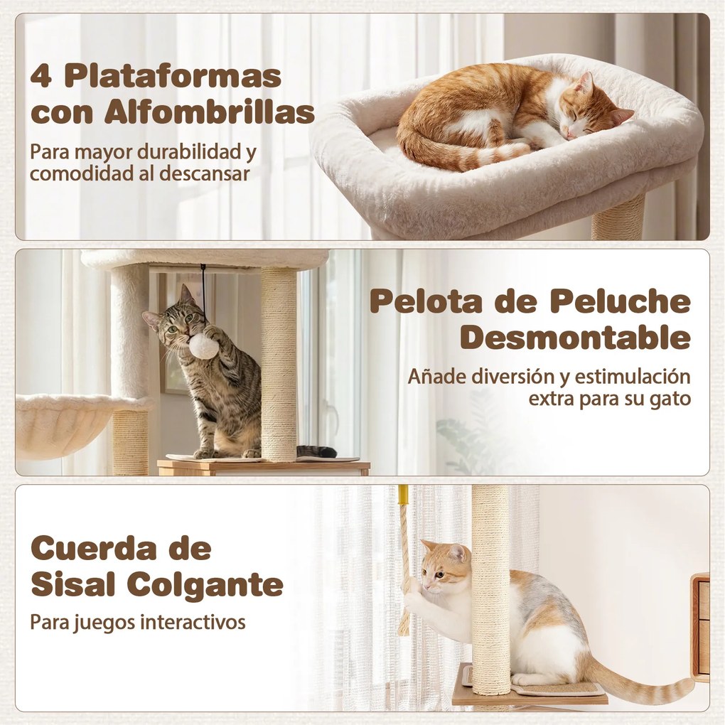 Arranhador para Gatos, 48 x 44 x 148 cm, 7 Níveis, Natural + Branco