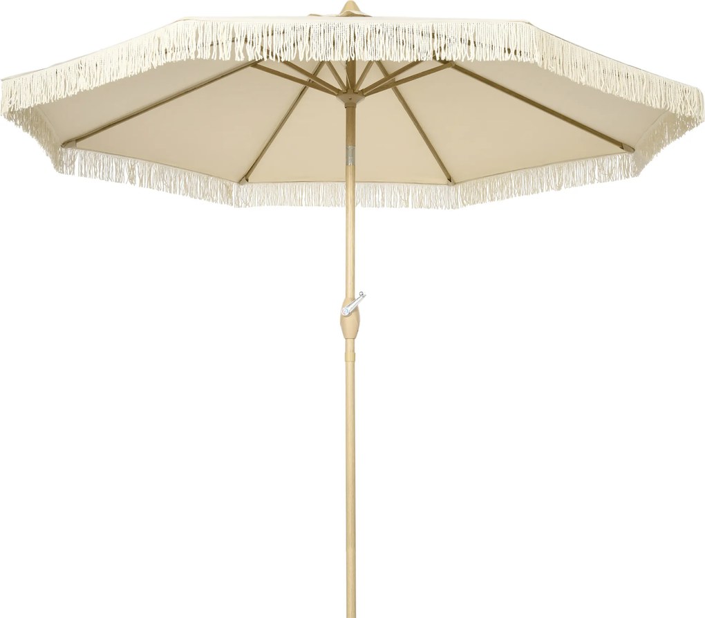Outsunny Chapéu de Sol Exterior Ø265x244 cm Chapéu de Sol de Jardim com Ângulo Ajustável Manivela Franjas de Estilo Boho Creme | Aosom Portugal