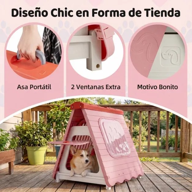 Casota para caes dobrável de plástico impermeável para cães 72 x 60 x 68 cm, com porta com aba e fecho, janelas, portátil, para interior e exterior, p