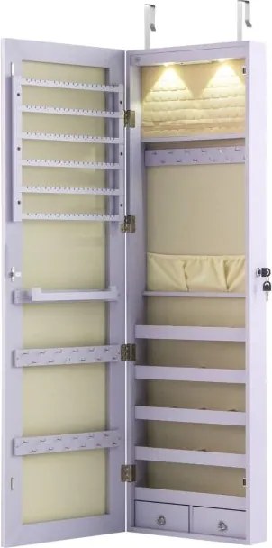 Armário de joias em madeira com espelho de parede e LED interno Organizador de porta ou parede com chave 35,5 x 10 x 120 cm Púrpura