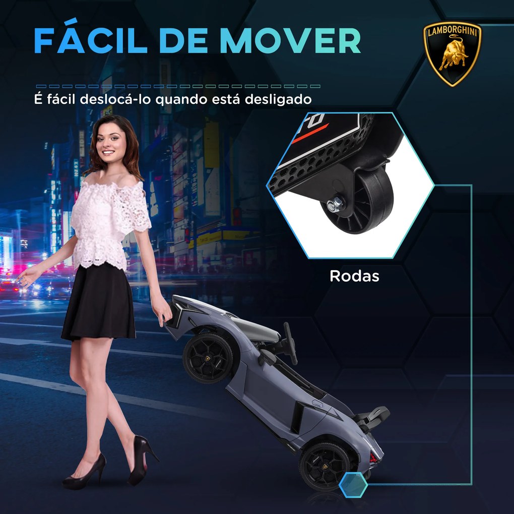 Carro Elétrico para Crianças Carro Lamborghini Revuelto com Bateria 12V Faróis LED e Música 105x60x40 cm Cinza