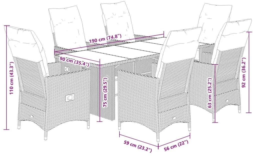 7 pcs conjunto jantar p/ jardim c/ almofadões vime PE castanho