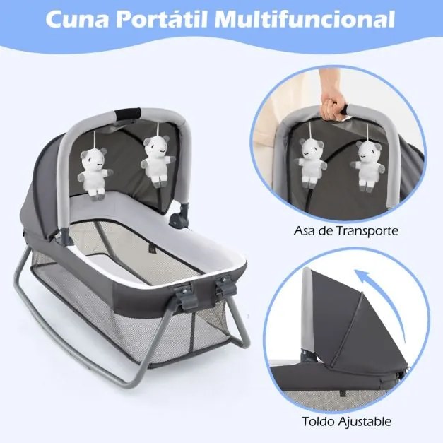 Berço com Centro de atividades 5 em 1 para bebés, parque e mesa para trocar fraldas. Inclui brinquedos suspensos, caixa de música, rodas e cesto. Pret
