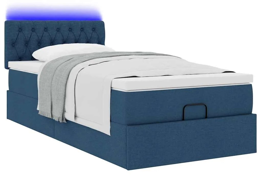 Cama Otomana com Colchão & LEDs Tecido Azul 90x200 cm