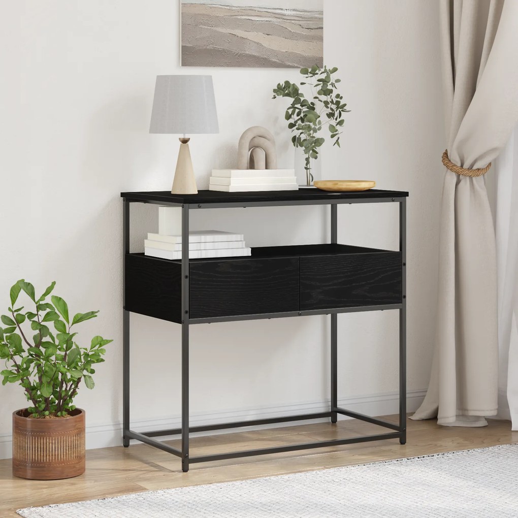 Mesa de Consola vidaXL Preto Carvalho 75x40x75 cm Madeira Engenharia e Aço