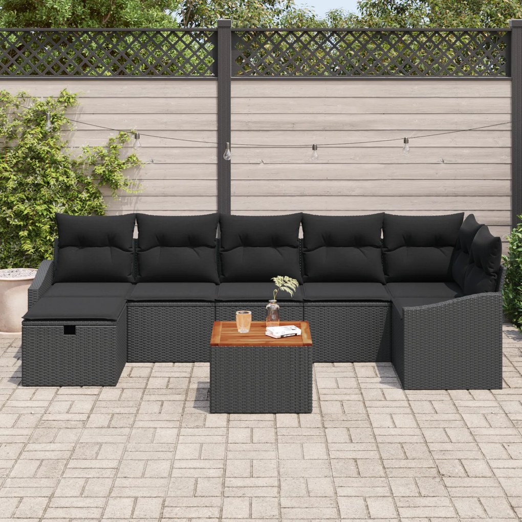 Conjunto de Sofá de Jardim de 8 Peças com Almofadas Preto Rattan Polié