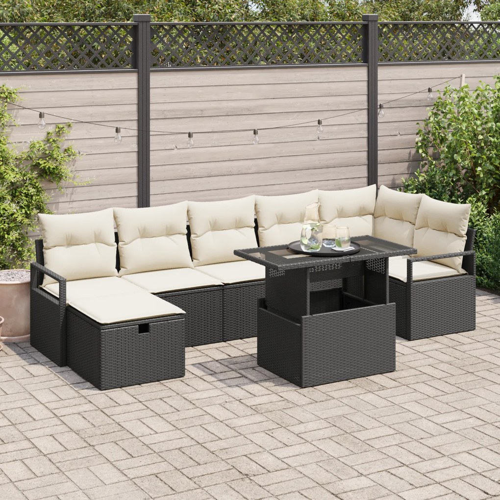 Conjunto de Sofás de Jardim de 8 Peças com Almofadas Preto Rattan Poli