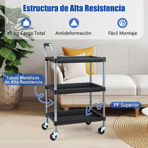 Carrinho de ferramentas de 3 camadas com prateleiras em PP, pega almofadada e rodas giratórias para garagem, oficina 64 x 40 x 102 cm Preto