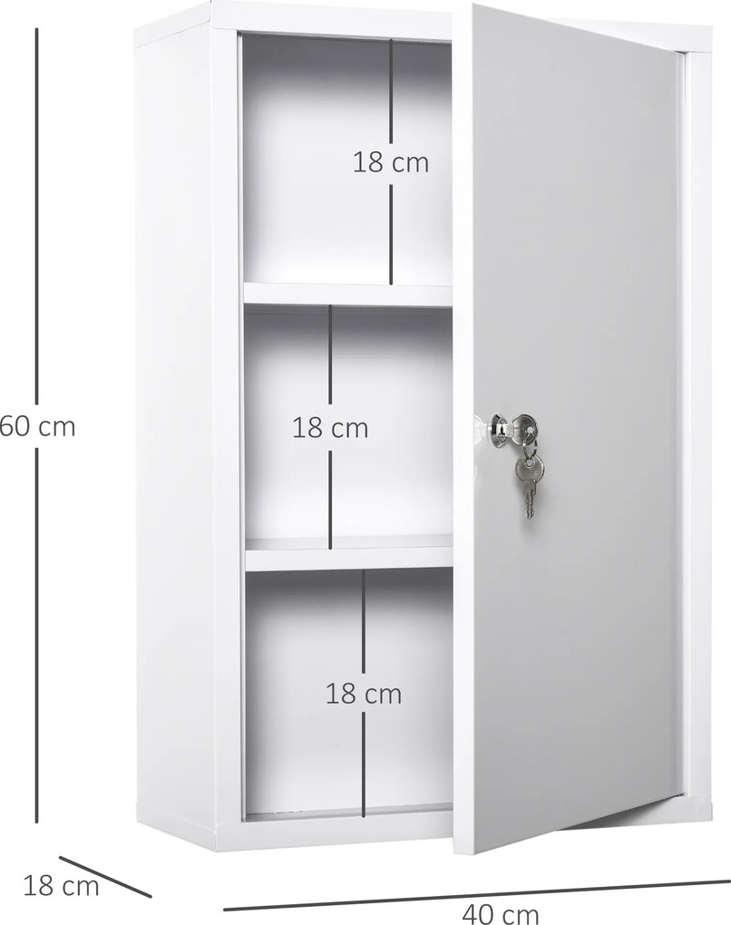 Armário Farmácia de Parede com 3 Prateleiras de Armazenamento e Fechadura com 2 Chaves 40x18x60cm Branco