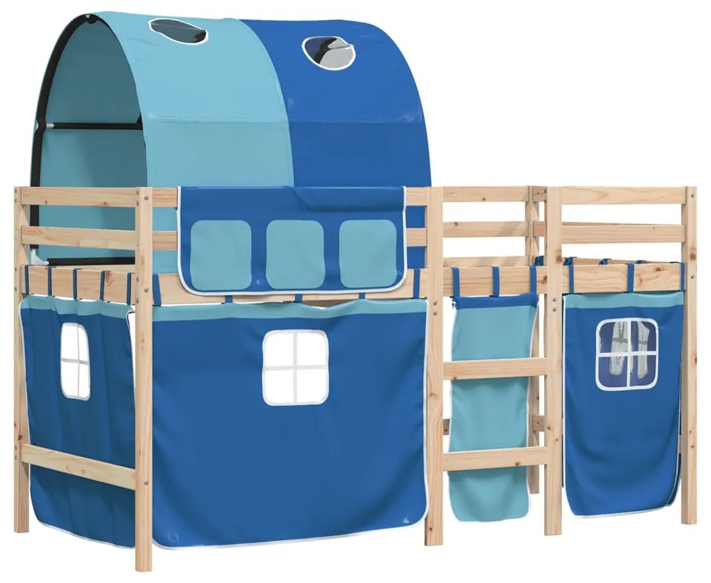 Cama alta para criança com túnel 90x200 cm pinho maciço azul