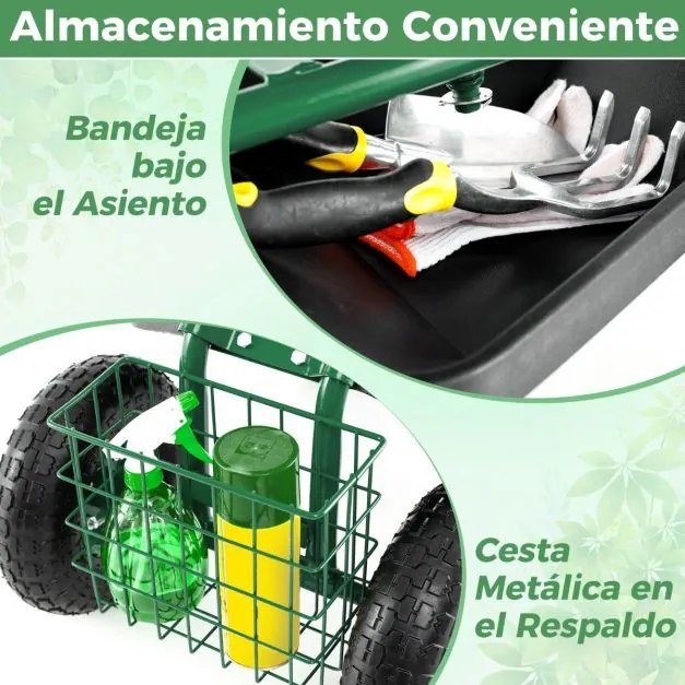 Banco para jardinagem 55,2 x 43 x 31 cm com rodas e alça extensível Assento ajustável 2 bandejas para ferramentas e 4 rodas de borracha Verde