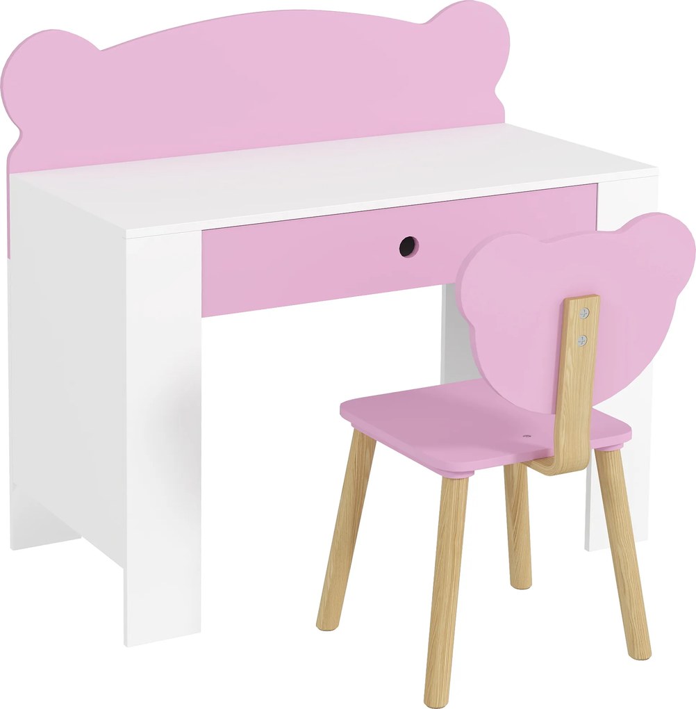AIYAPLAY Conjunto de secretária para crianças, mesa de trabalho e cadeira com forma de urso, gaveta, para escrever e fazer trabalhos manuais, 3-8 anos, Rosa | Aosom Portugal