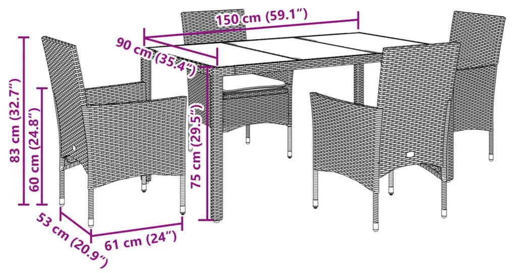 5 pcs conjunto jantar jardim c/ almofadões vime PE/vidro cinza