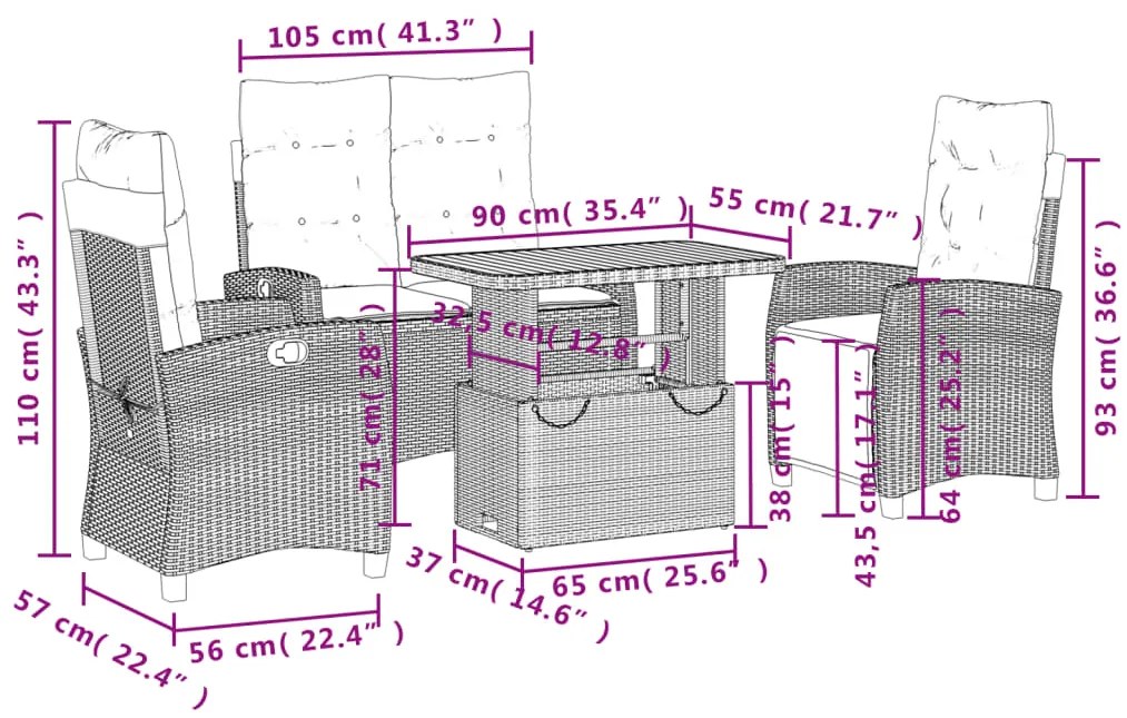 4 pcs conjunto de jantar p/ jardim c/ almofadões vime PE cinza