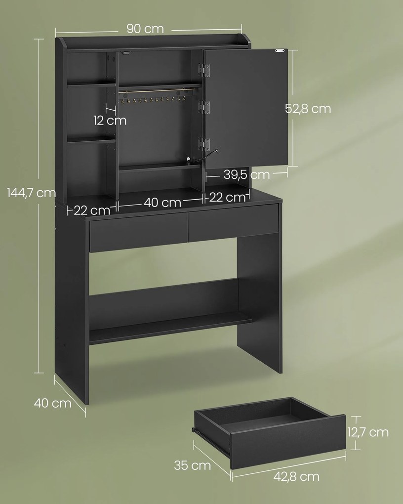 Toucador com iluminação LED e espelho (Banco não incluido) 40 x 90 x 144,7 cm Preto