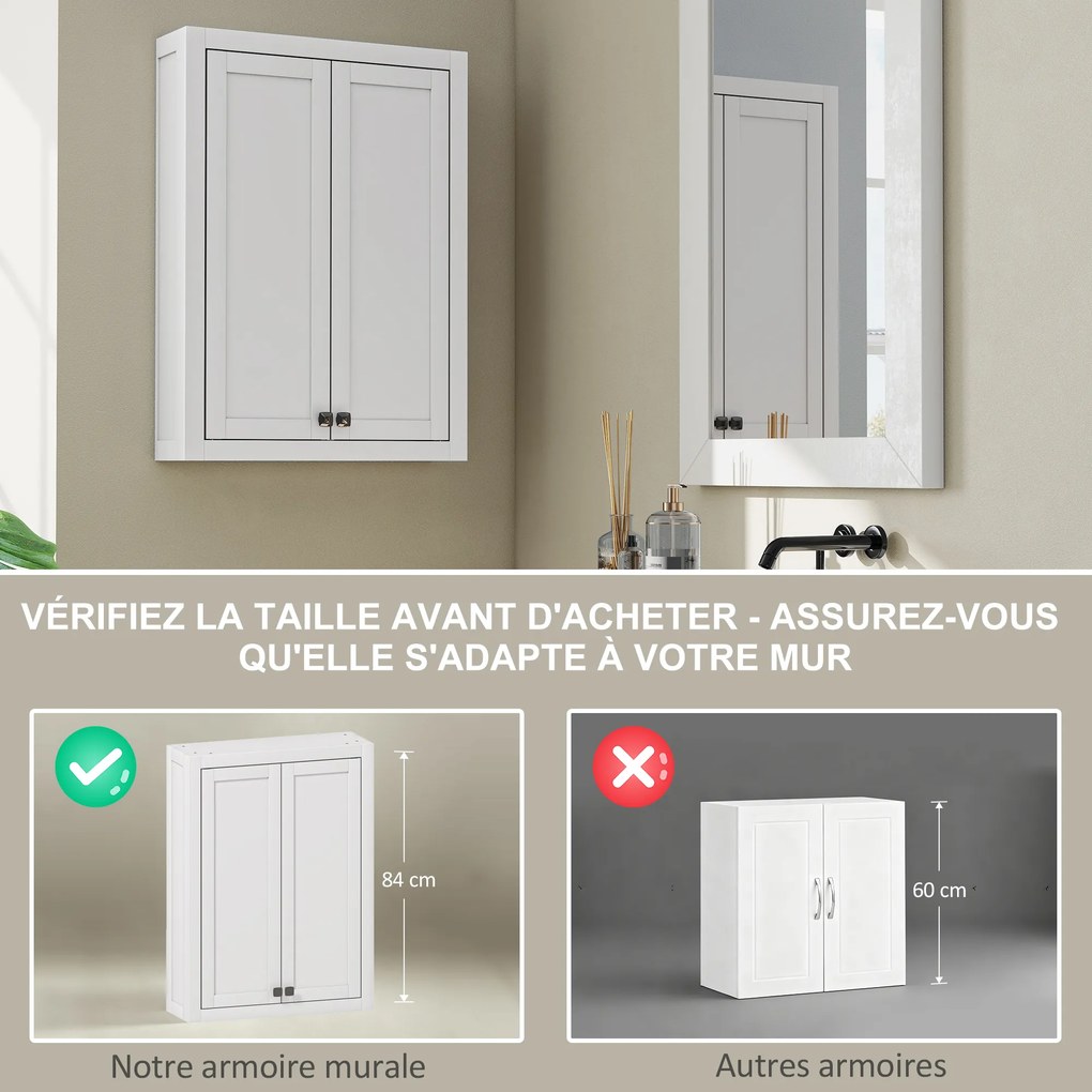 Armário de parede para casa de banho 61 x 20 x 84 cm com 3 níveis, móvel suspenso de arrumação com 2 portas e prateleira ajustável, branco