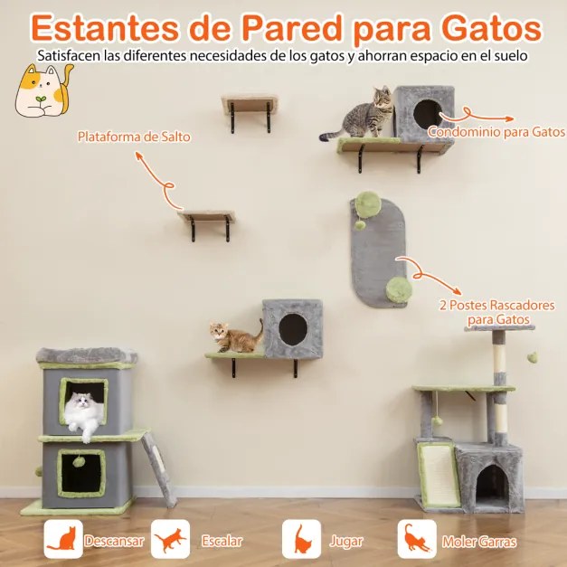 Conjunto de móveis para gatos 3 em 1 com prateleiras de parede modulares com cama e arranhador cinza