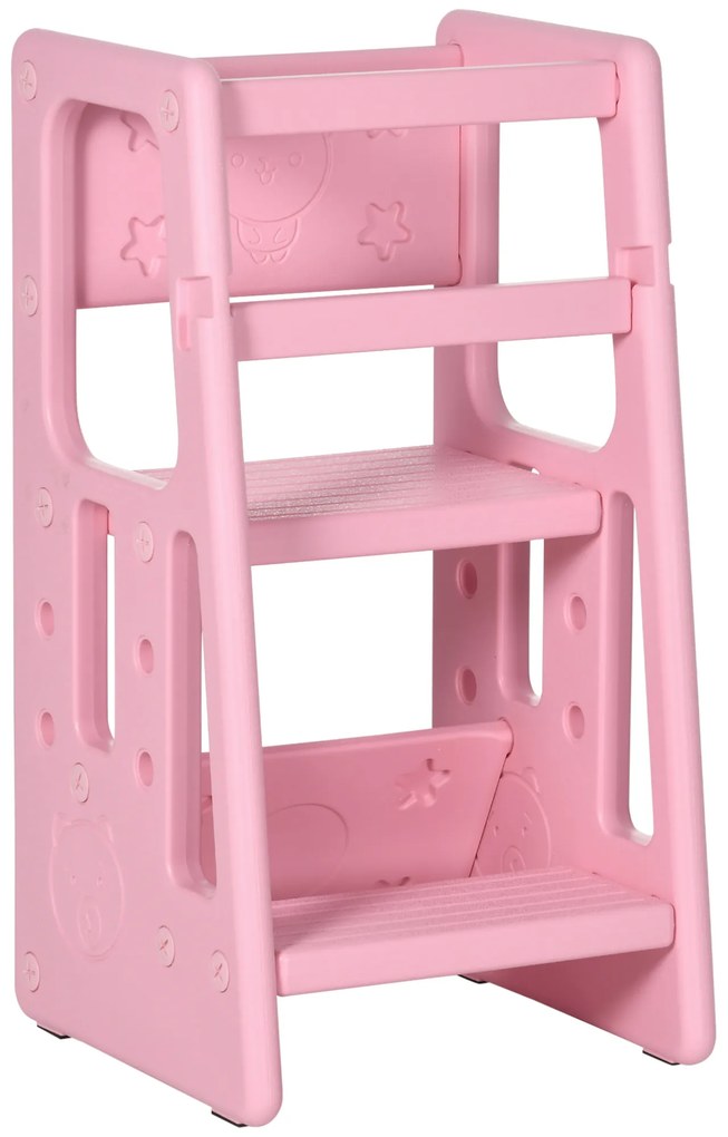 HOMCOM Torre de Aprendizagem para Crianças Banco Infantil com Altura Ajustável para Cozinha Sala de Jantar 47x47x90cm Rosa
