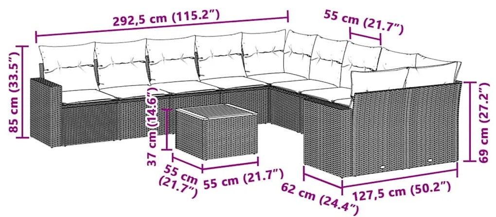 11 pcs conjunto sofás de jardim c/ almofadões vime PE preto