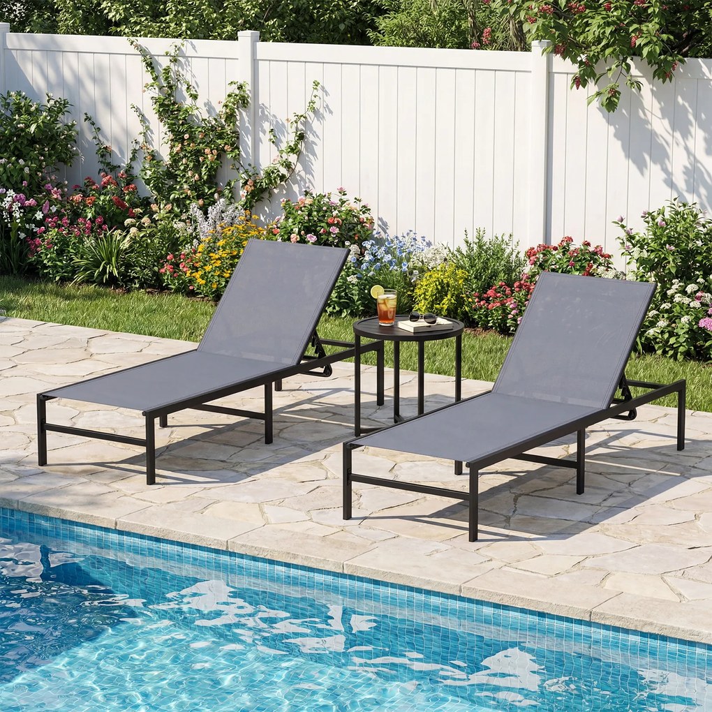 Conjunto de 2 Espreguiçadeiras de Exterior, 64 x 198 x 67-103 cm, Encosto Ajustável em 6 Níveis, Cinzento