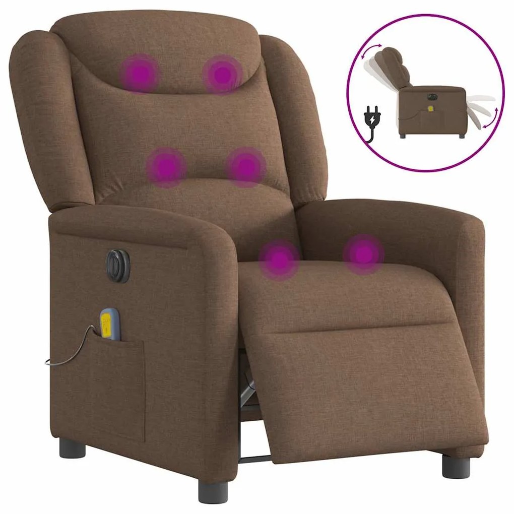 vidaXL Poltrona de massagens reclinável elétrica tecido castanho